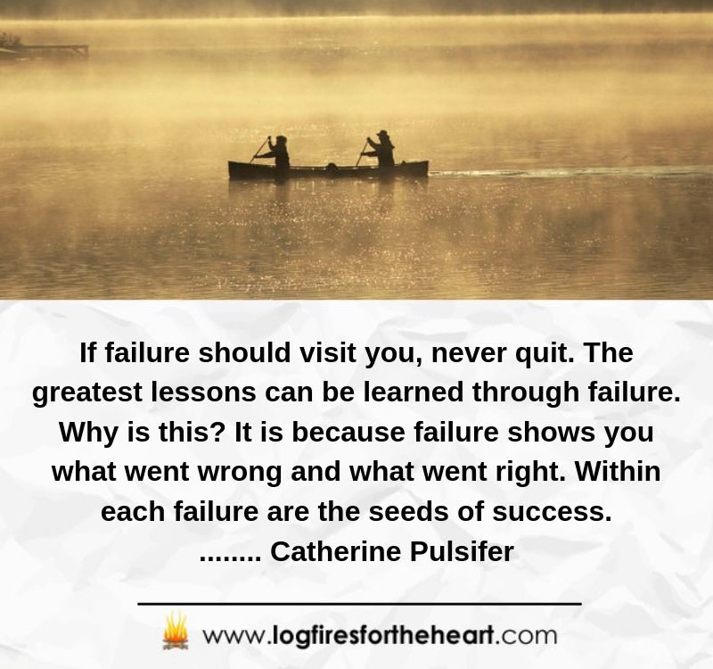 If failure should visit you, never quit. The greatest lessons can be learned through failure. Why is this? It is because failure shows you what went wrong and what went right. Within each failure are the seeds of success........ Catherine Pulsifer