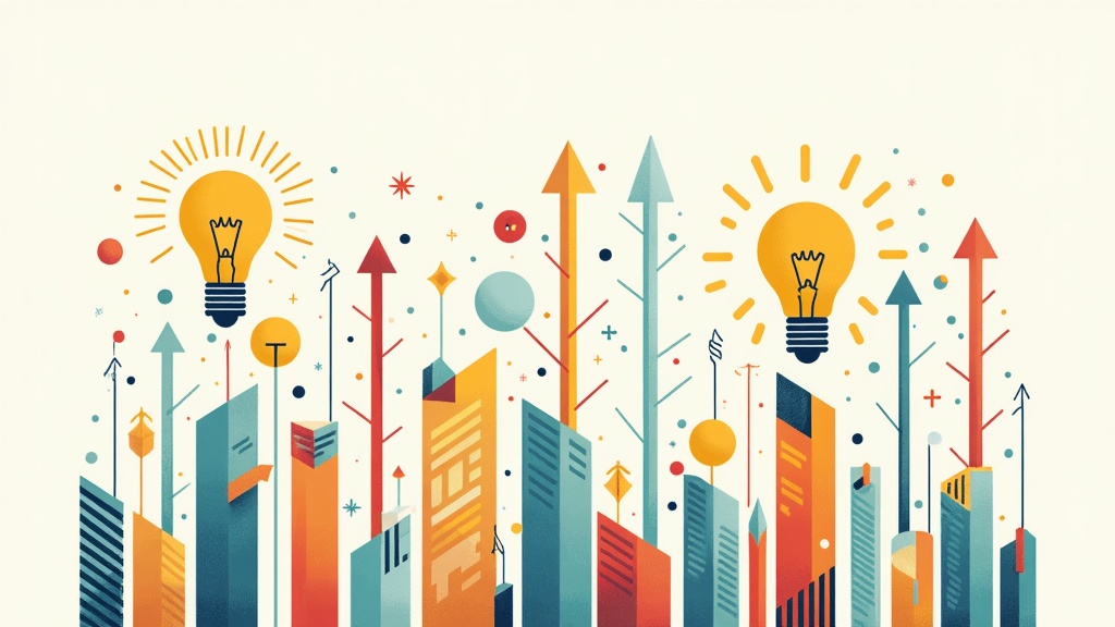 Colorful collage of motivational symbols, light bulbs, upward arrows, and abstract shapes conveying the spirit of entrepreneurial inspiration
